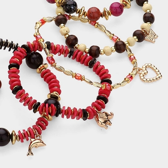 Red Gold Beaded 7 PC Dolphin Heart Charm Metal Stack Stretch Layered Bracelets - Picture 5 of 5
